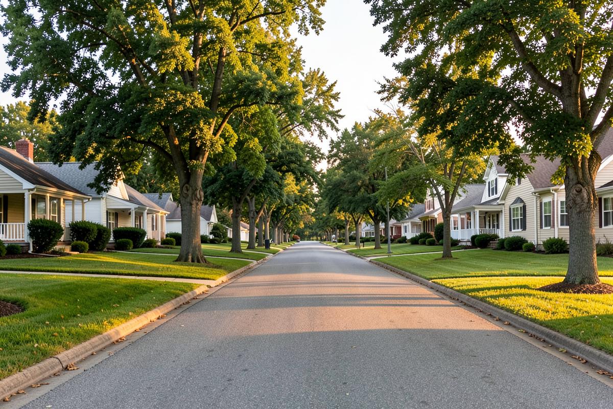 Tree-lined residential street with single-family homes in Egg Harbor Township, New Jersey