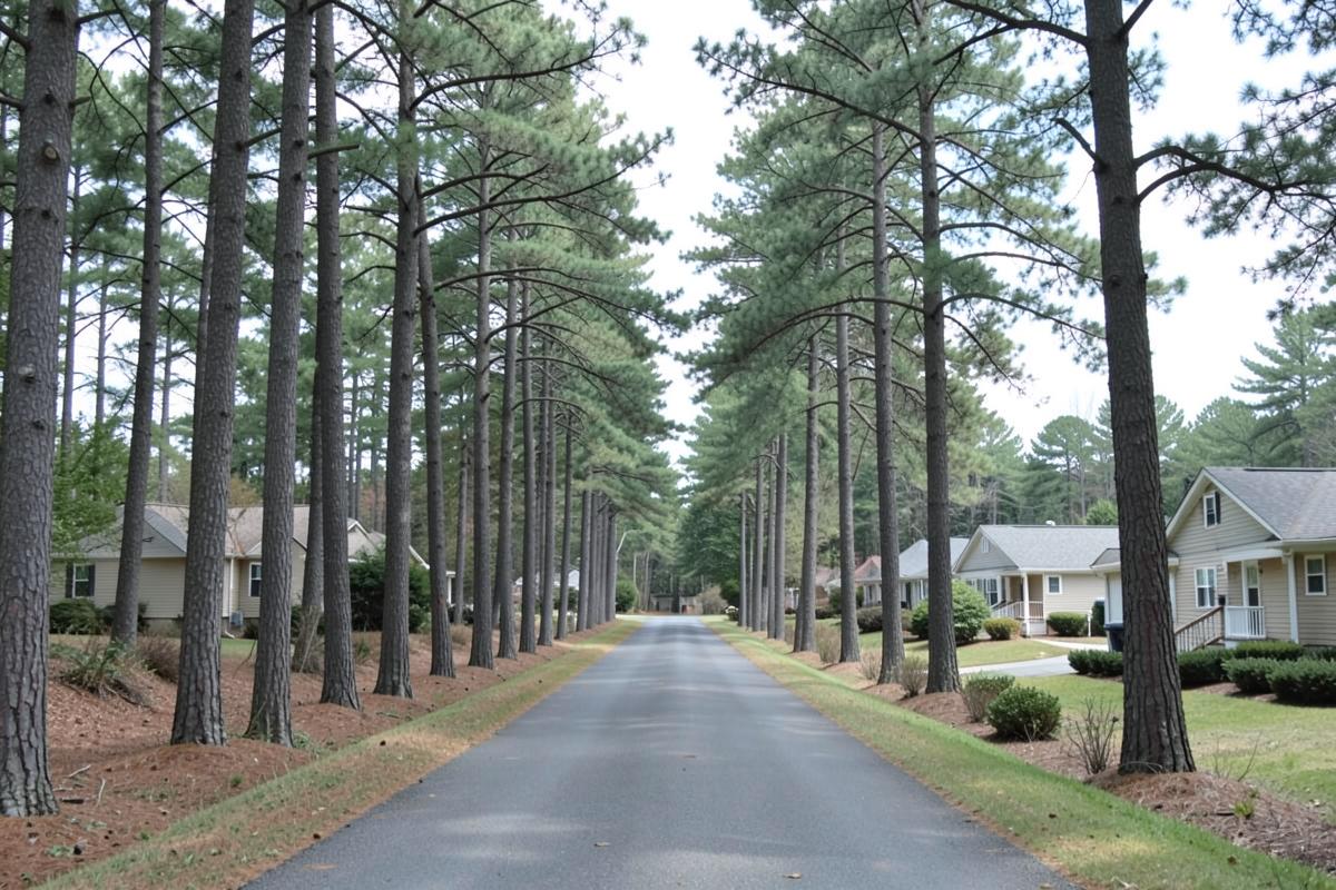 Wooded residential road with pine trees and homes in Galloway Township, New Jersey