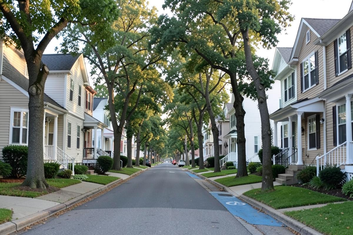 Quiet residential street with mature trees and single-family homes in Northfield, New Jersey