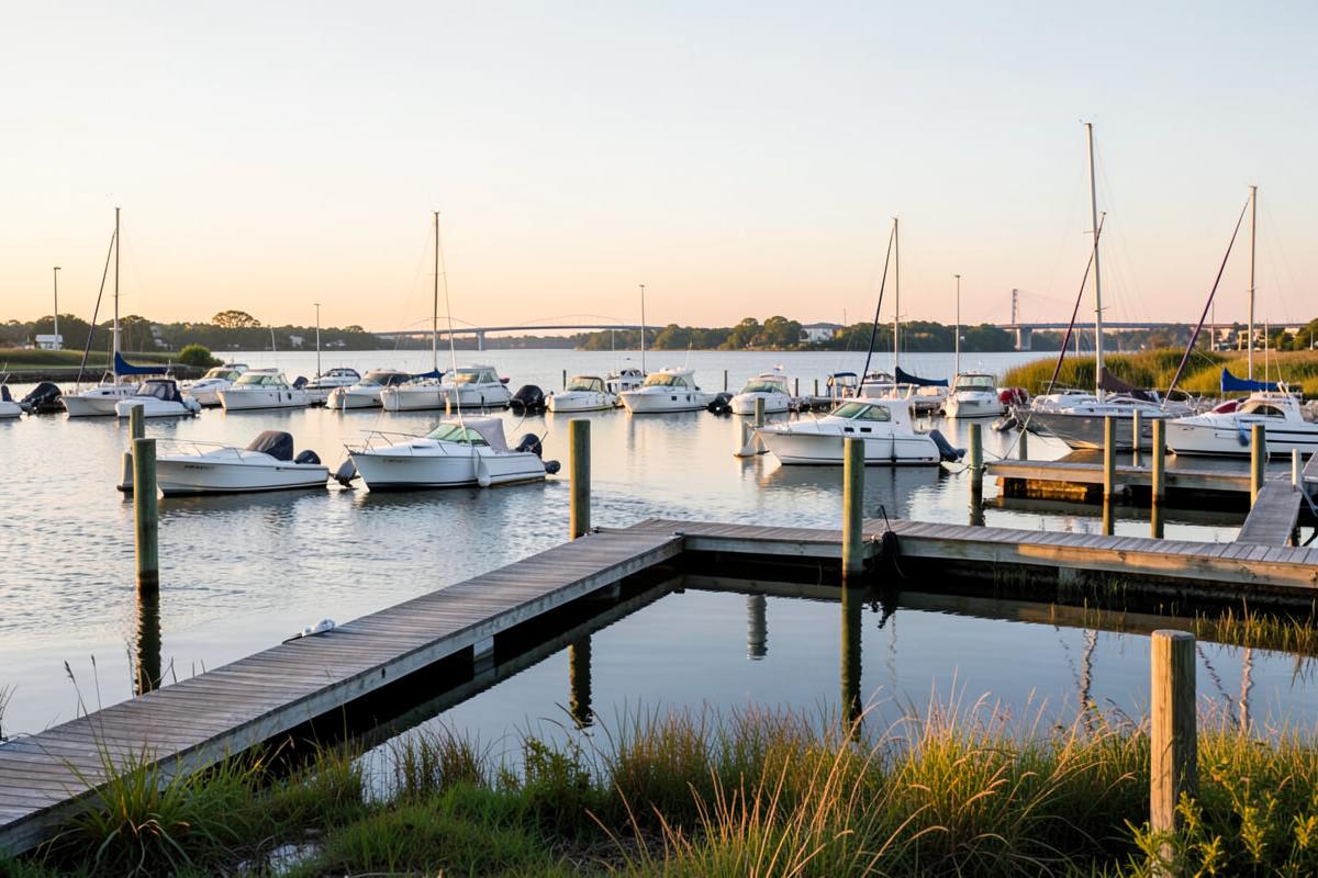 Boats moored along the bayfront in Somers Point, New Jersey, at golden hour